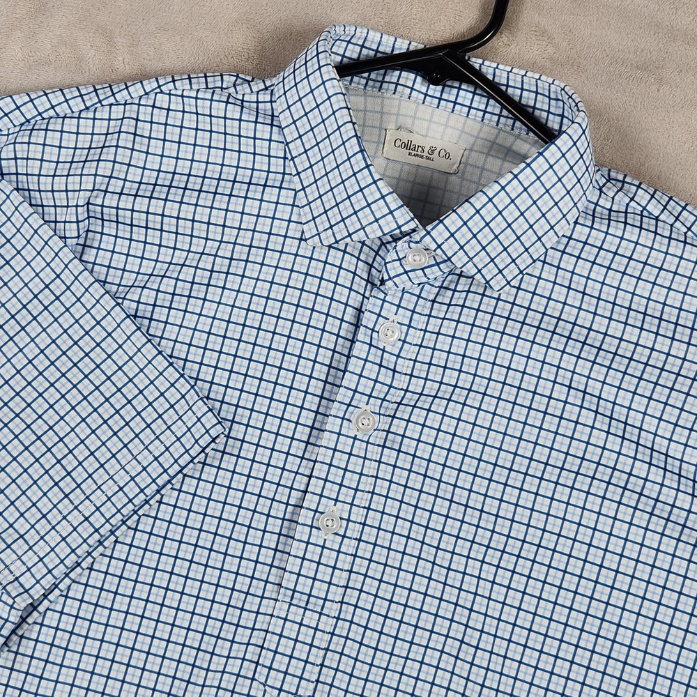 Collars & Co. Polo Shirt Mens XLT Blue Check Dress Collar Performance Golf